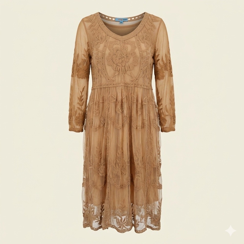 Orange Creek Floral Lace Mesh Dress M L Cottage Fairy Boho Romantic Tan Natural